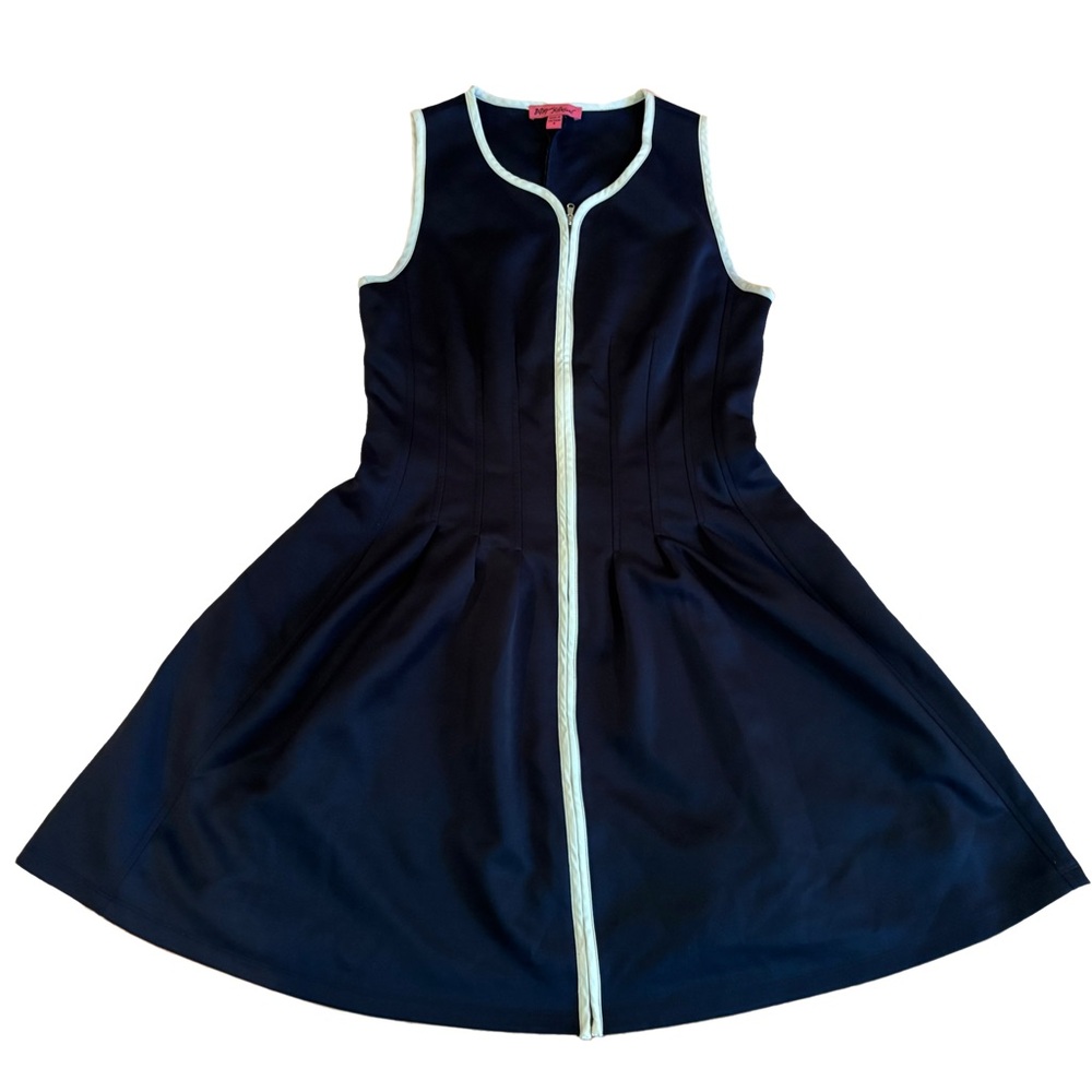 BETSEY JOHNSON Navy White Zip Front Scuba Stretch Mini Tank Swing Dress - 8